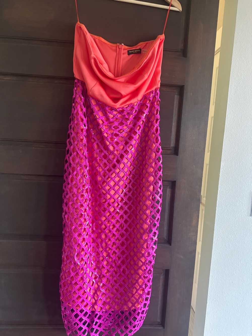 Ramy Brook Coral Cowl-Neck with Fuchsia Lattice Overlay Midi Dress